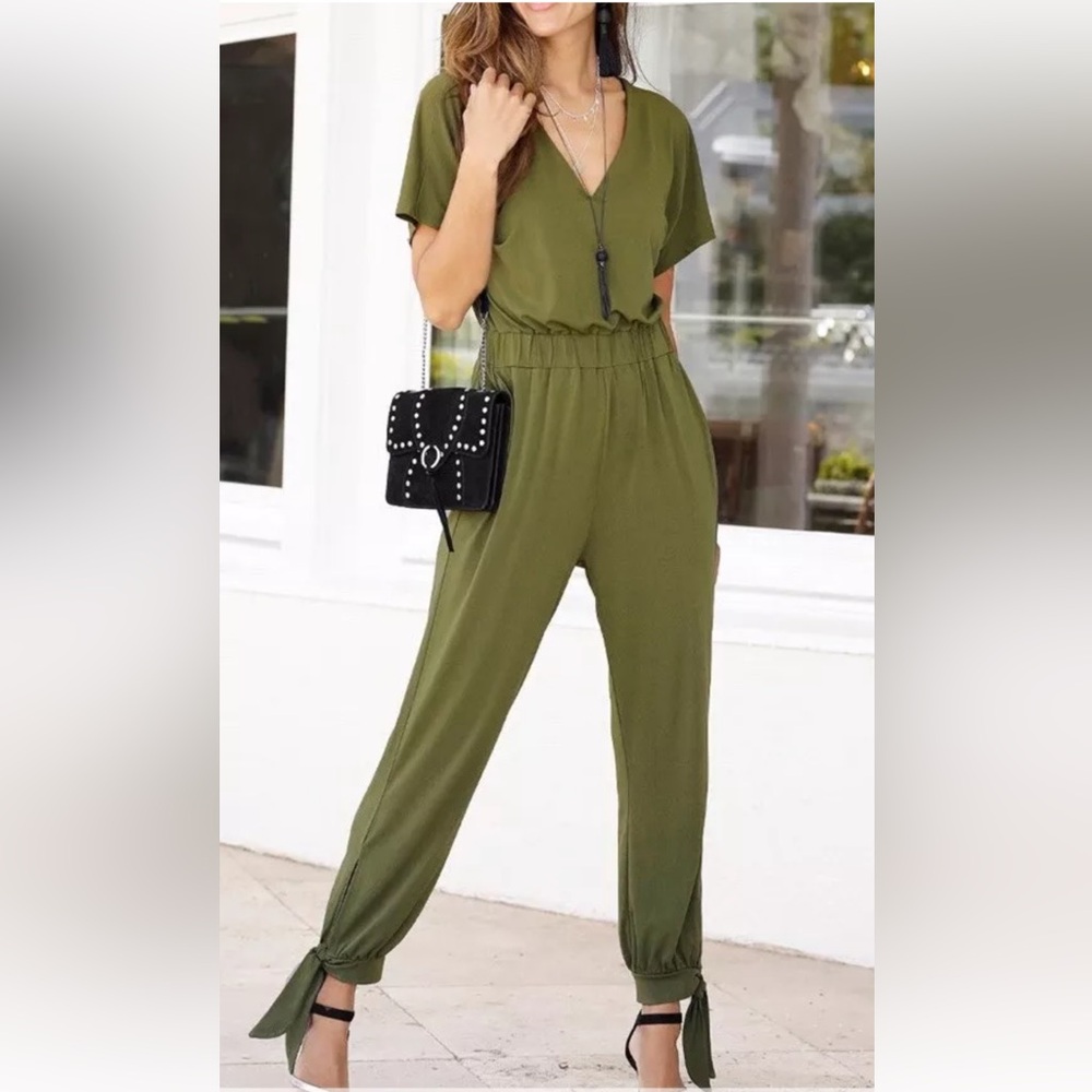 Olive Green Jumpsuit - Lascana Short Sleeve V-neck Jumpsuit, Olive Green, Size 8